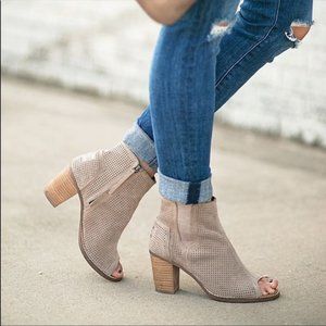 TOMS Suede Majorca Peep Toe Block Heel Bootie